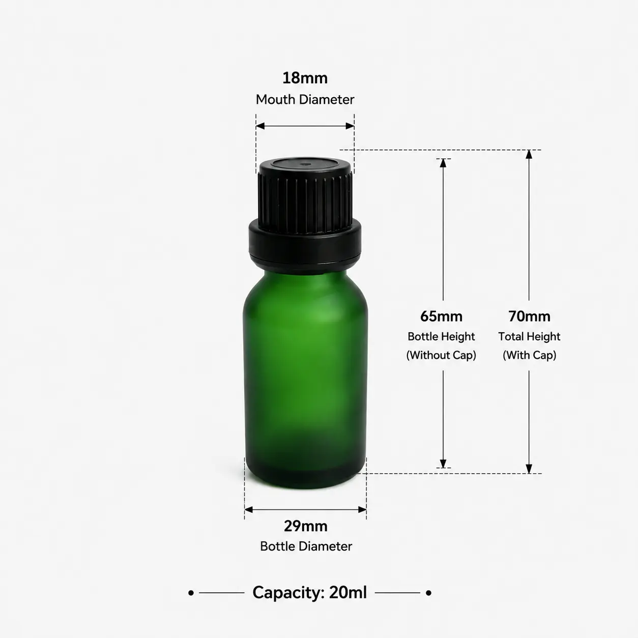 15ml Frosted Green Euro Dropper Essential Oil Bottle Dimensions Dimension and capacity diagram for the 15ml frosted green Euro dropper essential oil bottle