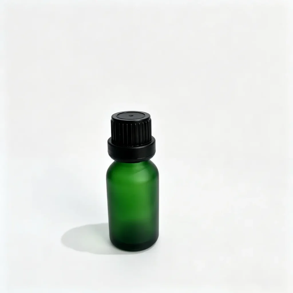 Front view of the 15ml frosted green Euro dropper essential oil bottle assembled with a black screw cap
