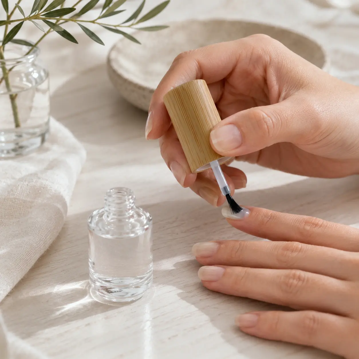 15ml glass nail polish bottle and brush shown during nail polish application