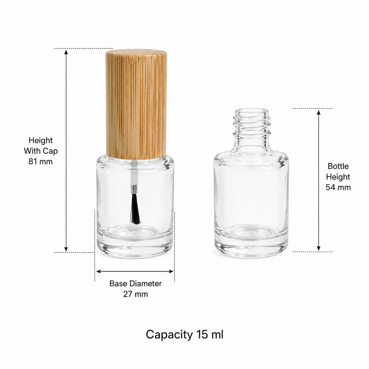 15ml glass nail polish bottle dimensions showing 27 mm diameter and 81 mm total height