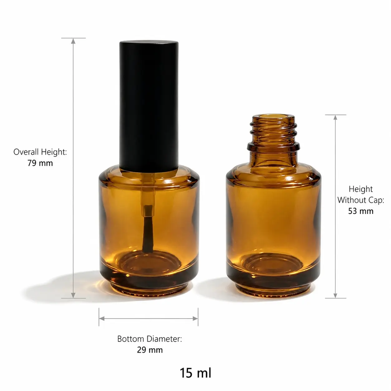 15ml Nail Polish Bottle Dimensions and Capacity 15ml nail polish bottle dimensions showing 29 mm diameter, 79 mm total height with cap and 53 mm bottle height without cap