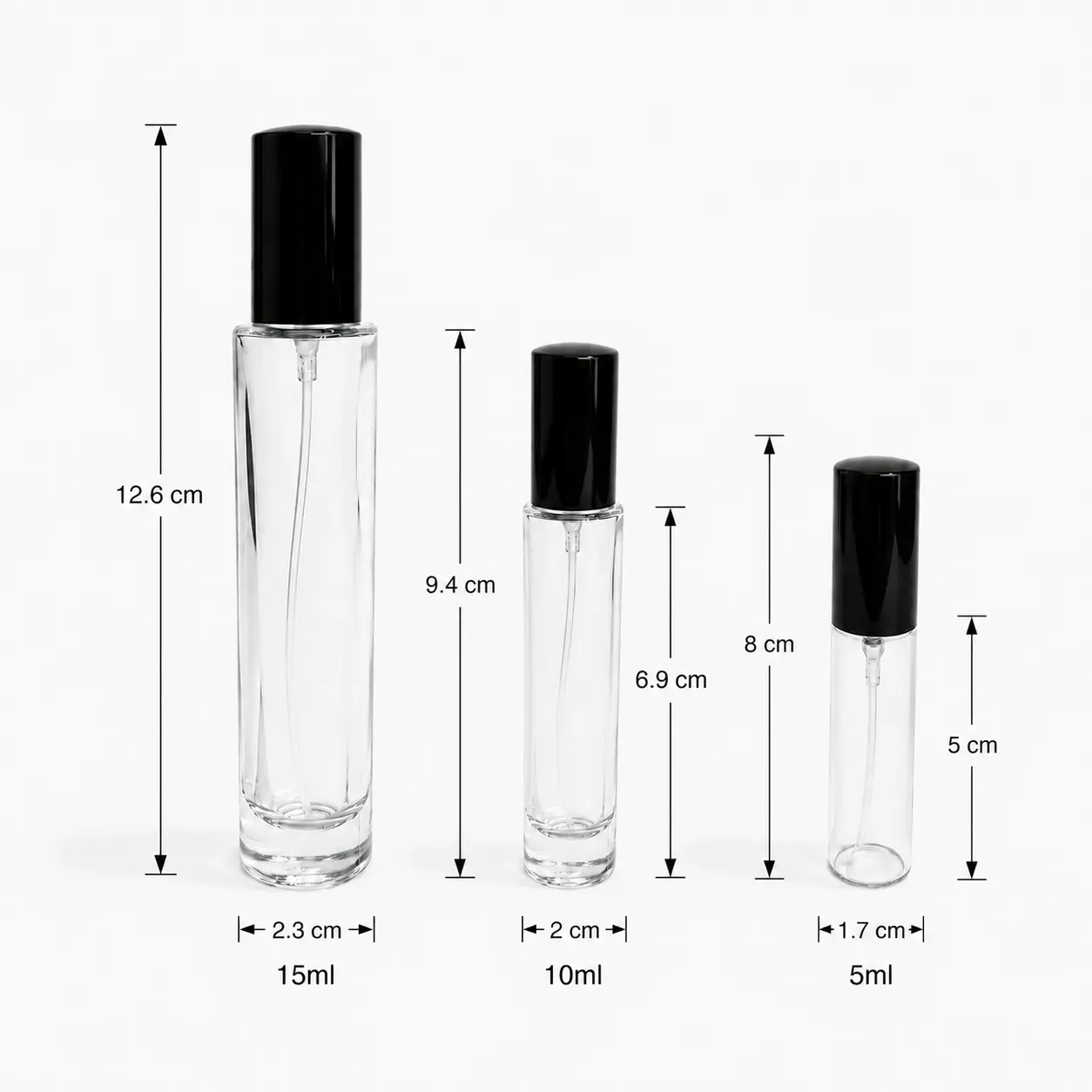 15ml Portable Glass Perfume Spray Bottle Dimensions and Capacity 15ml portable glass perfume spray bottle dimensions showing 23 mm width 23 mm depth and 126 mm overall height with cap