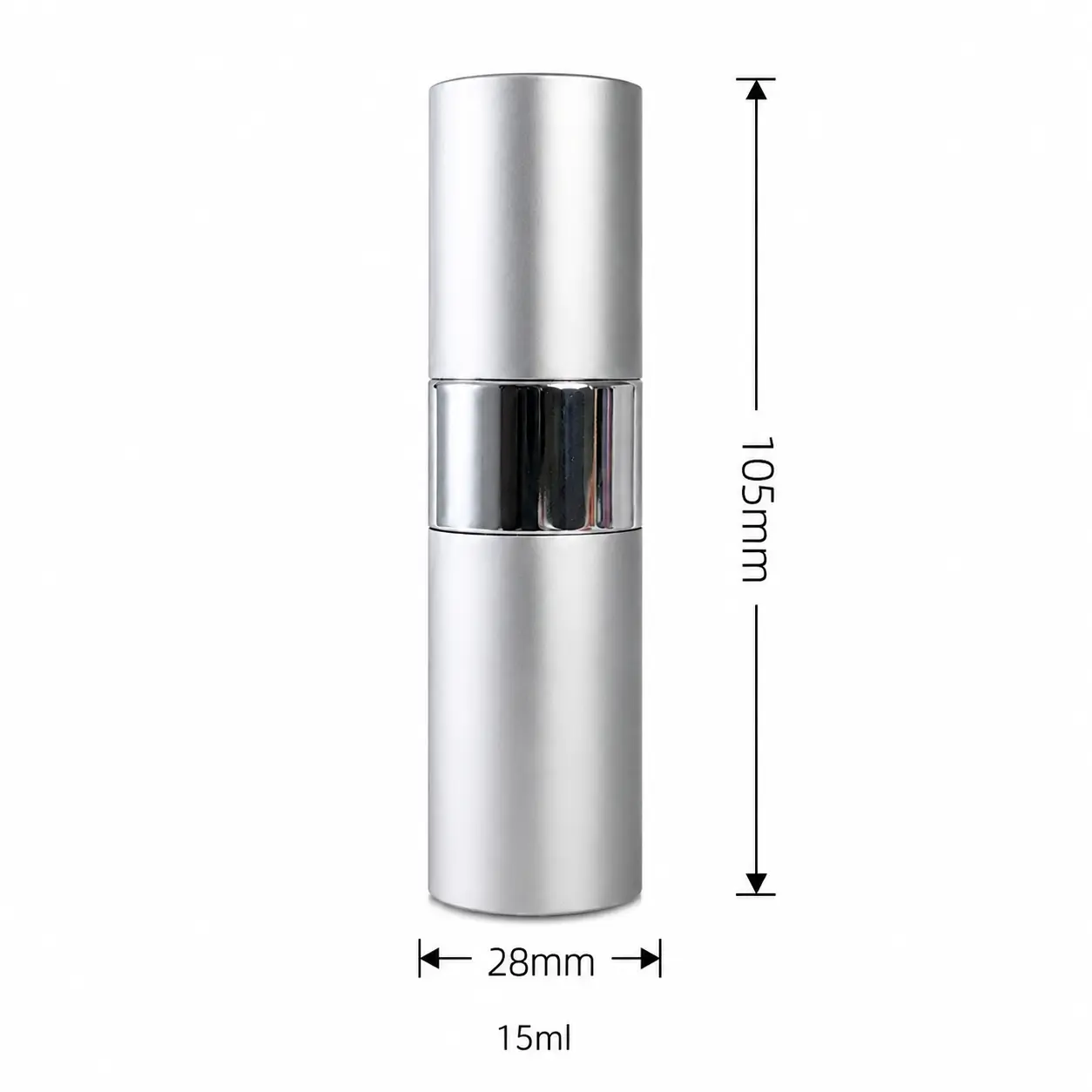 15ml Portable Perfume Atomizer Dimensions and Capacity 15ml portable perfume atomizer dimensions showing 28 mm width 28 mm depth and 105 mm overall height