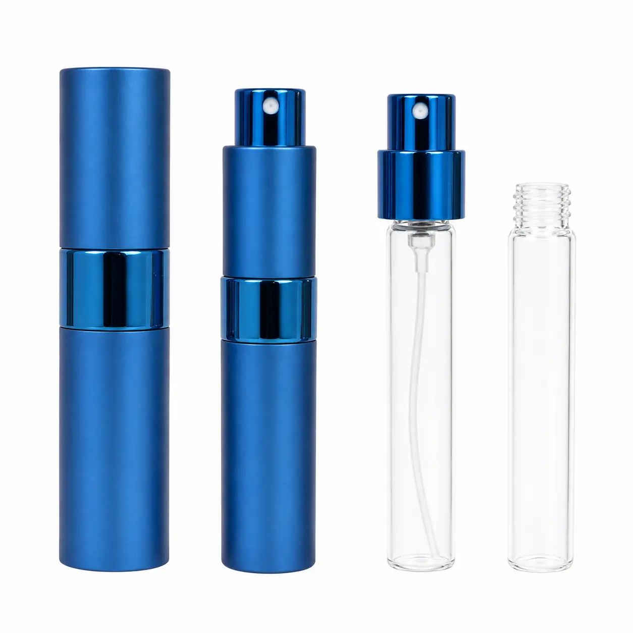 15ml Portable Perfume Atomizer Four Part Component View 15ml portable perfume atomizer displayed as four separated components showing the outer housing inner bottle and spray assembly structure