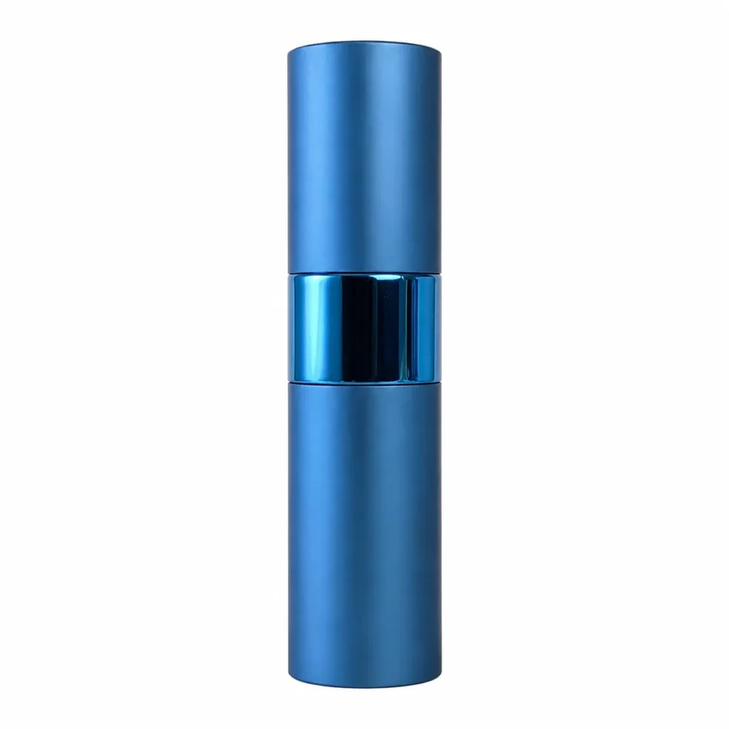 15ml portable perfume atomizer shown in complete front view with cylindrical ABS outer shell, glass inner bottle and aluminum sprayer