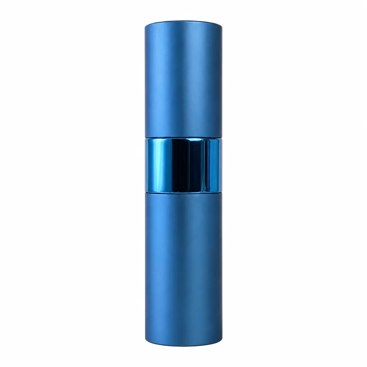 15ml Portable Perfume Atomizer Front View 15ml portable perfume atomizer shown in complete front view with cylindrical ABS outer shell glass inner bottle and aluminum sprayer