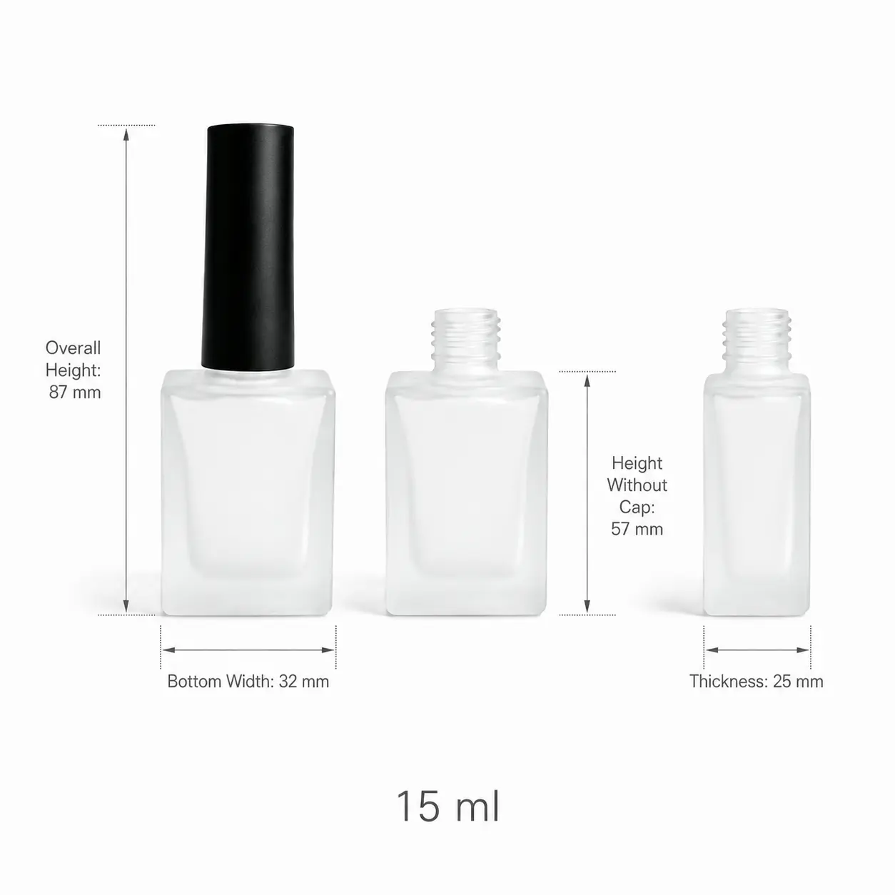 15ml Frosted Square Nail Polish Bottle Dimensions and Capacity 15ml square frosted nail polish bottle dimensions showing 32 mm width, 25 mm thickness, 79 mm overall height and 57 mm bottle height without cap.