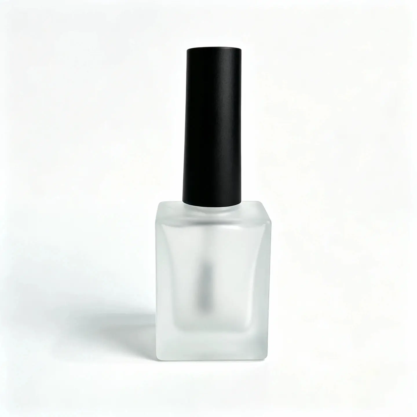 15ml Frosted Square Nail Polish Bottle Front View Front view of the complete 15ml square frosted nail polish bottle showing its compact rectangular profile and fitted cap.