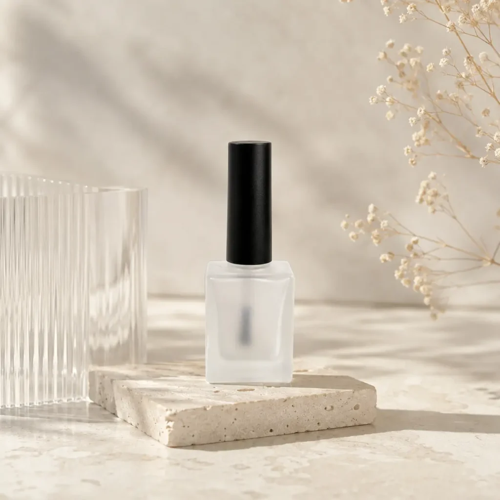15ml square frosted nail polish bottle displayed in a clean cosmetic packaging scene.
