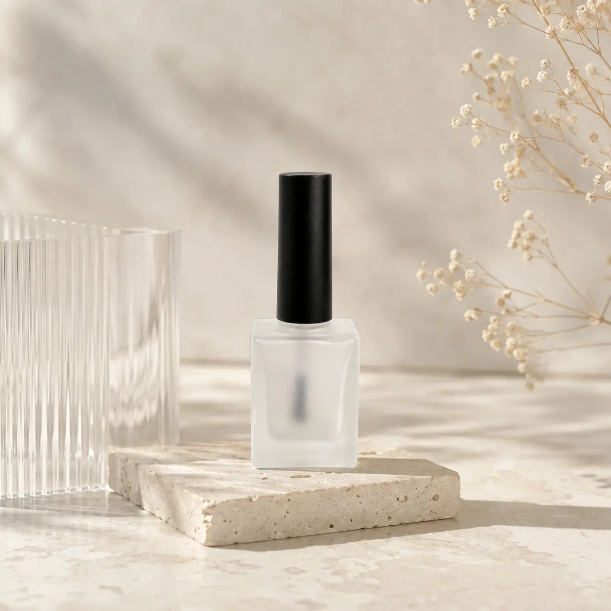 15ml Frosted Square Nail Polish Bottle Packaging Scene 15ml square frosted nail polish bottle displayed in a clean cosmetic packaging scene for brand presentation.