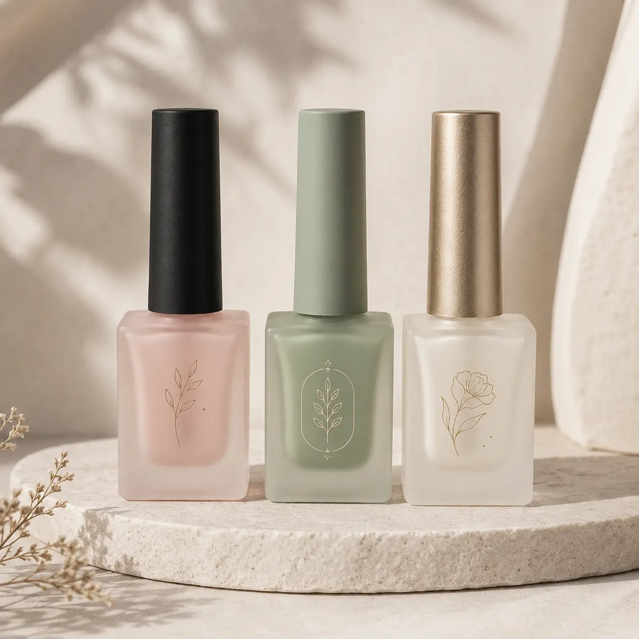 15ml Frosted Square Nail Polish Bottle Printing Color Reference 15ml square frosted nail polish bottle showing custom printing and color treatment references for cosmetic packaging.