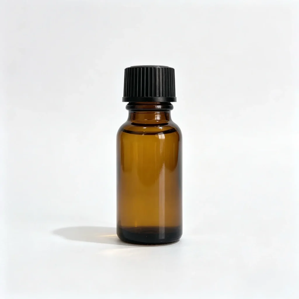Front view of the 15ml Euro dropper essential oil bottle with a black flat screw cap