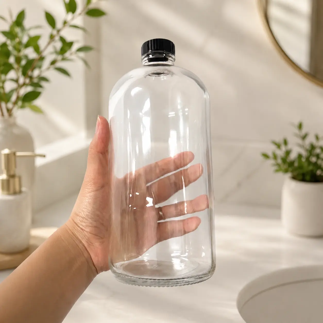 1000ml Clear Boston Round Bottle Handheld Greenery Scene 1000ml clear Boston round bottle held by hand in front of green plants to show the bottle size and profile