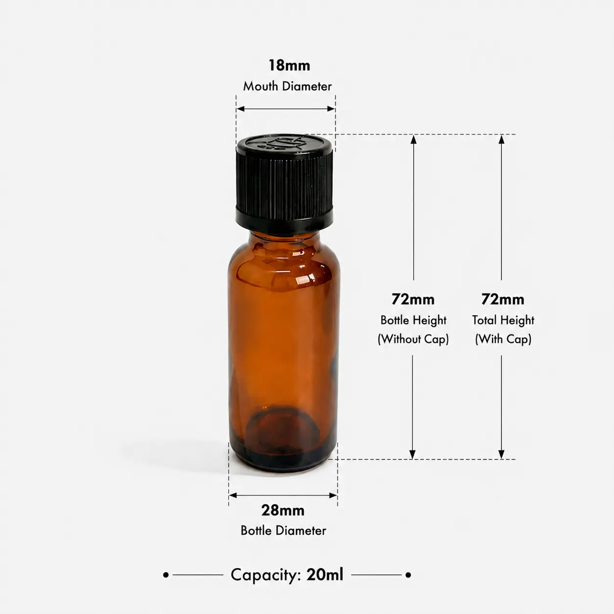Dimension and capacity diagram for the 20ml Euro dropper essential oil bottle