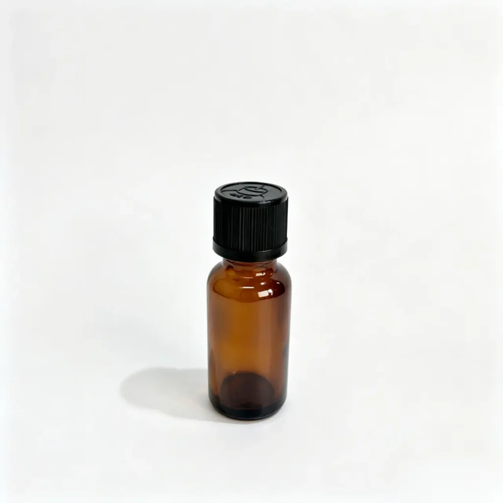 Front view of the wholesale 20ml Euro dropper essential oil bottle assembled with a black screw cap
