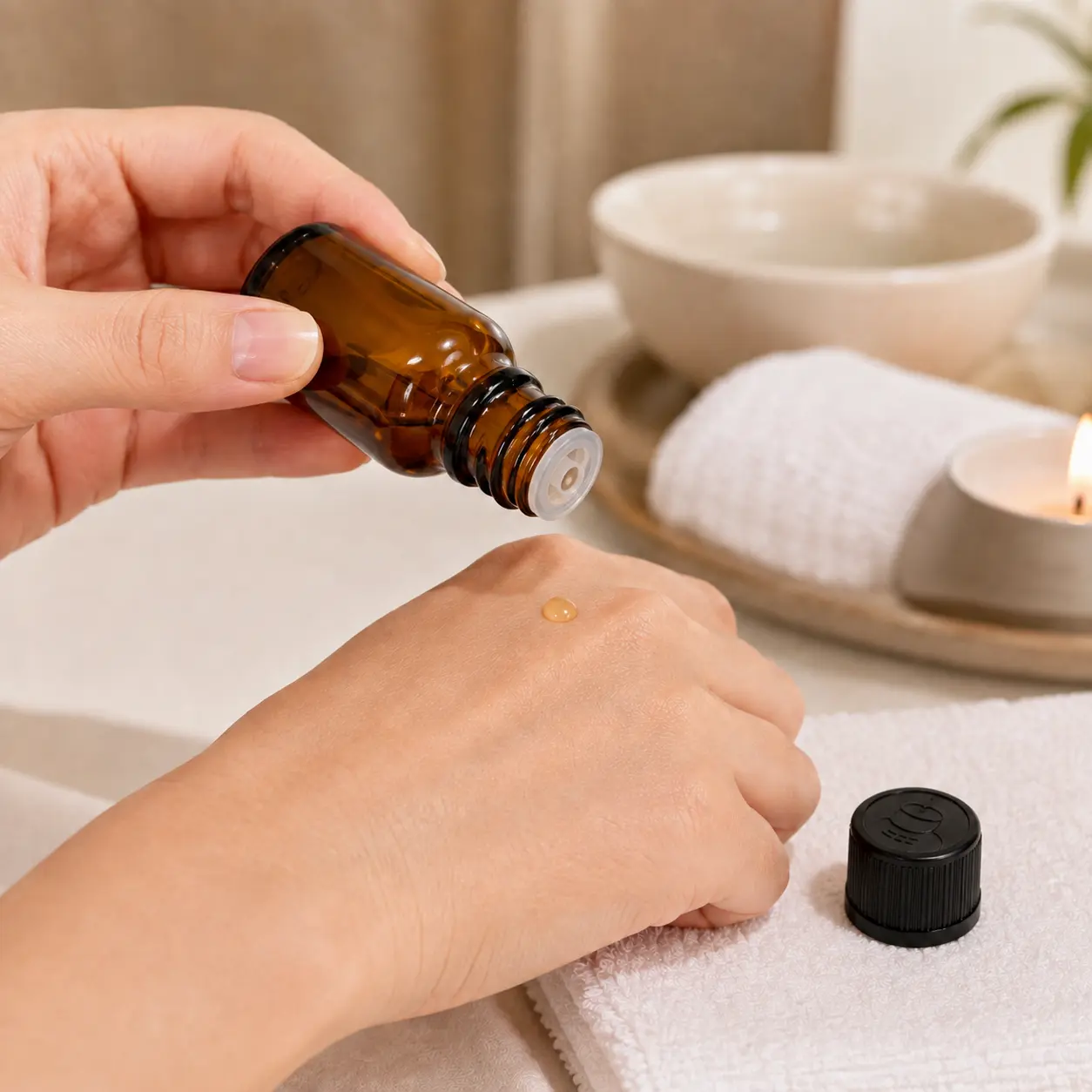 20ml Euro dropper essential oil bottle dispensing a visible drop of oil onto a hand in a product-use scene