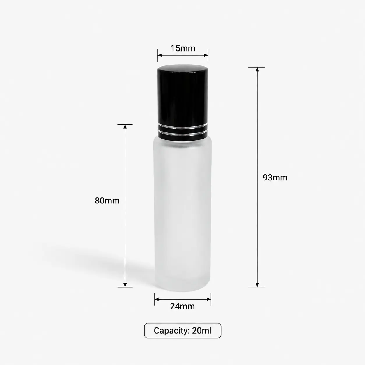 20ml Frosted Glass Roll On Perfume Bottle Dimensions and Capacity 20ml frosted glass roller bottle dimensions showing 24 mm width 93 mm capped height 80 mm bottle height and 20ml capacity
