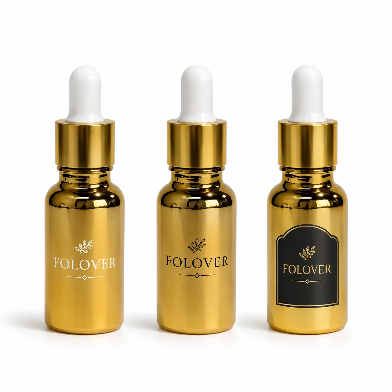 20ml gold Boston round dropper bottle showing custom logo decoration reference