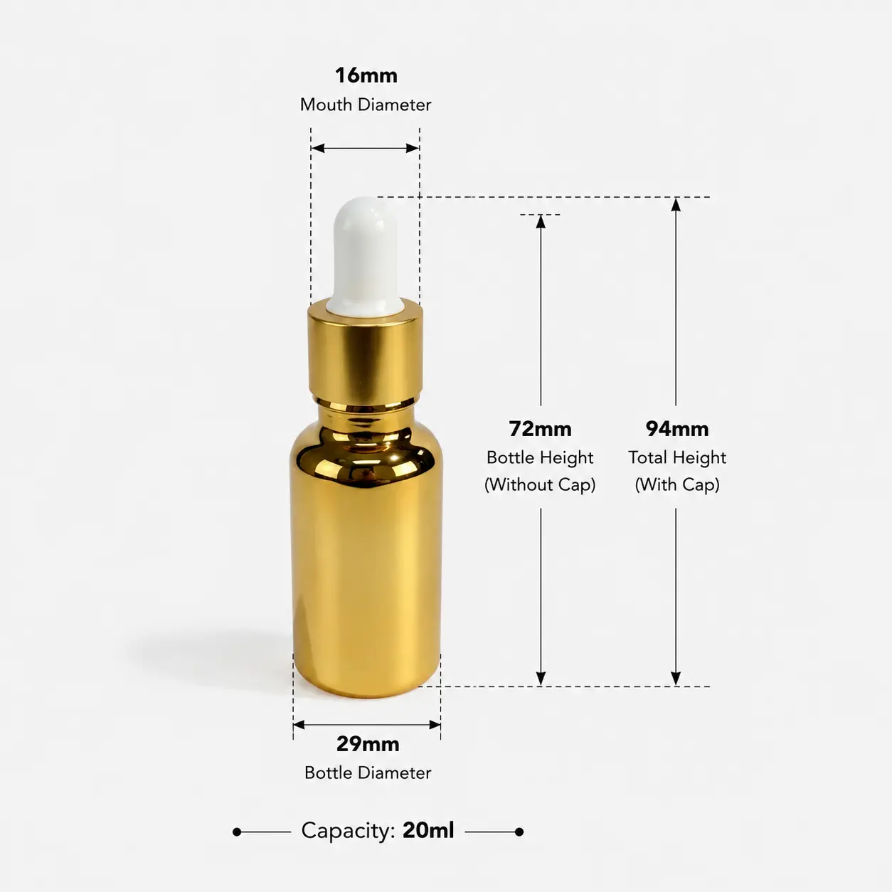 20ml gold Boston round dropper bottle dimensions showing 29 mm width and 94 mm overall height with dropper