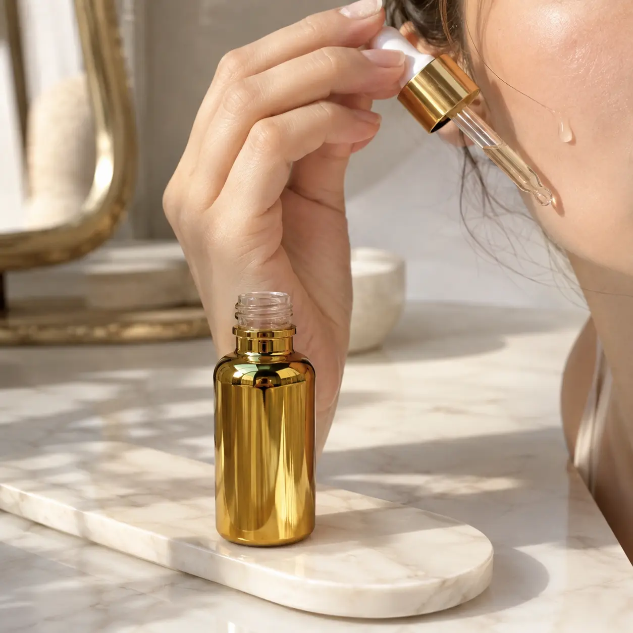 20ml gold Boston round dropper bottle used to dispense liquid onto the face