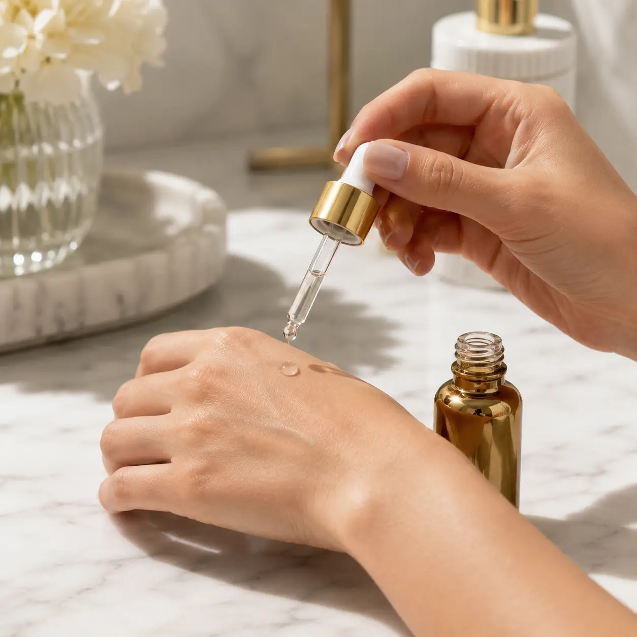 20ml gold Boston round dropper bottle dispensing liquid onto the back of a hand