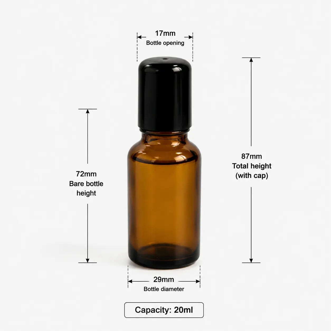 20ml Amber Glass Roll On Perfume Bottle Dimensions and Capacity 20ml amber glass roll on perfume bottle dimensions showing 29 mm width 87 mm capped height 72 mm bottle height and 20ml capacity