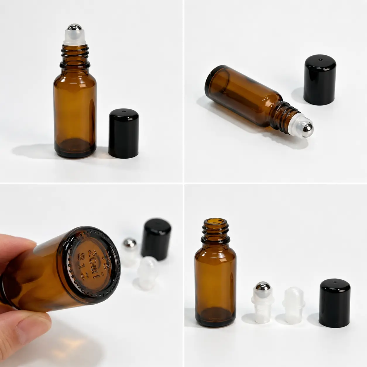20ml Amber Glass Roll On Perfume Bottle Component Detail Views 20ml amber glass empty roll on perfume bottle detail views showing bottle roller applicator cap and component structure