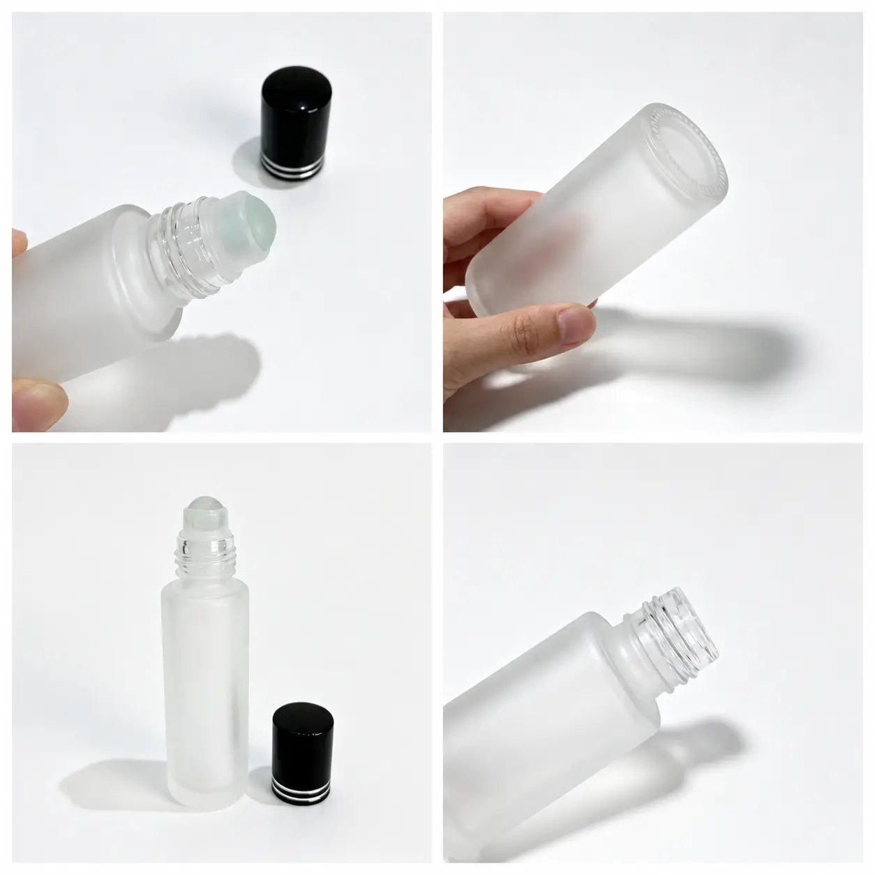 20ml Frosted Glass Roll On Perfume Bottle Component Detail Views 20ml frosted glass roller bottle detail views showing bottle roller applicator cap and component structure