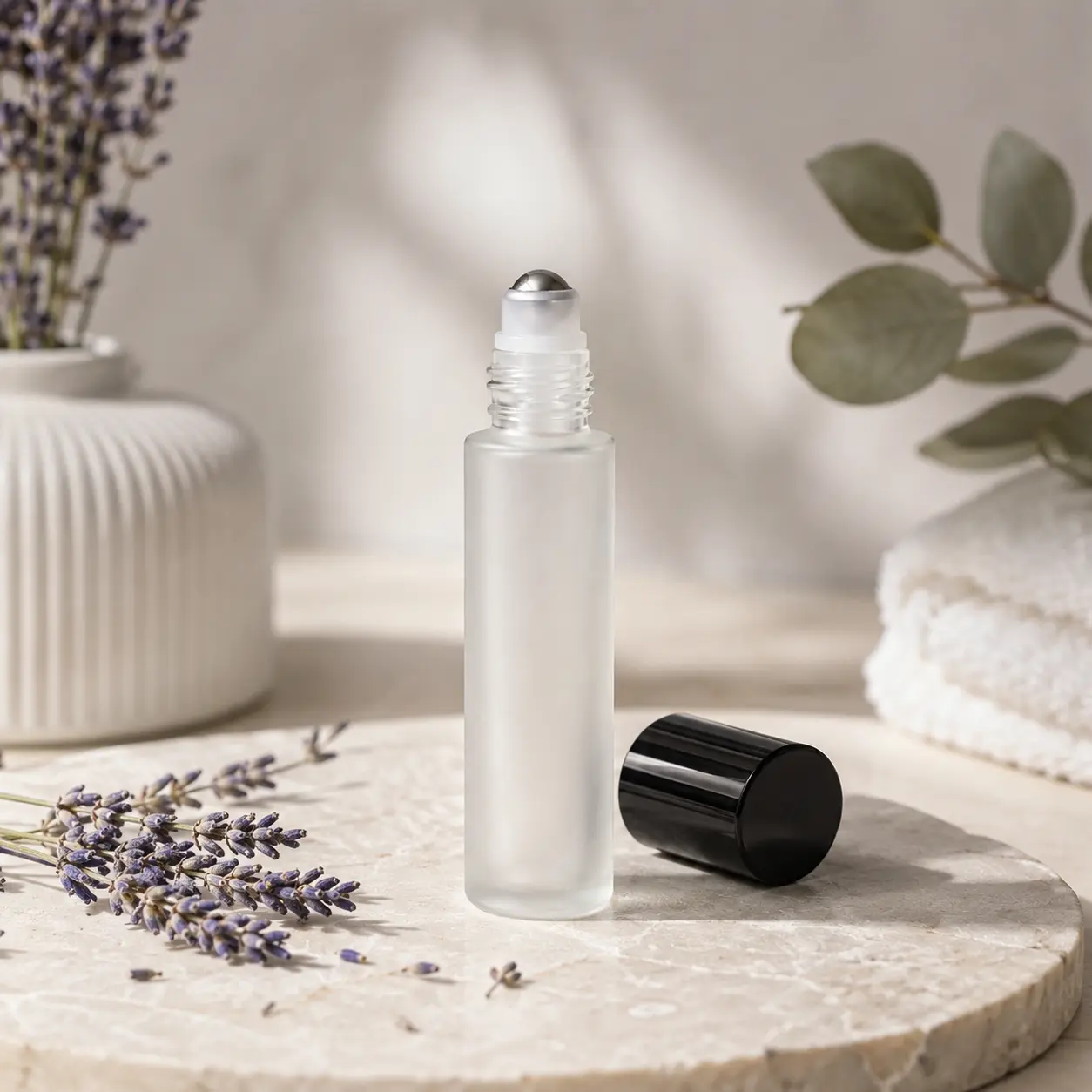 20ml Frosted Glass Roller Bottle Open Cap Applicator View 20ml frosted glass roller bottle shown with the cap removed to display the roller ball applicator
