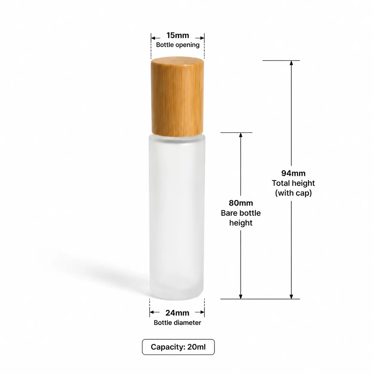 20ml Frosted Glass Roll On Perfume Bottle Dimensions and Capacity 20ml frosted glass roll on perfume bottle dimension diagram showing 24 mm width 94 mm capped height 80 mm bottle height and 20ml capacity