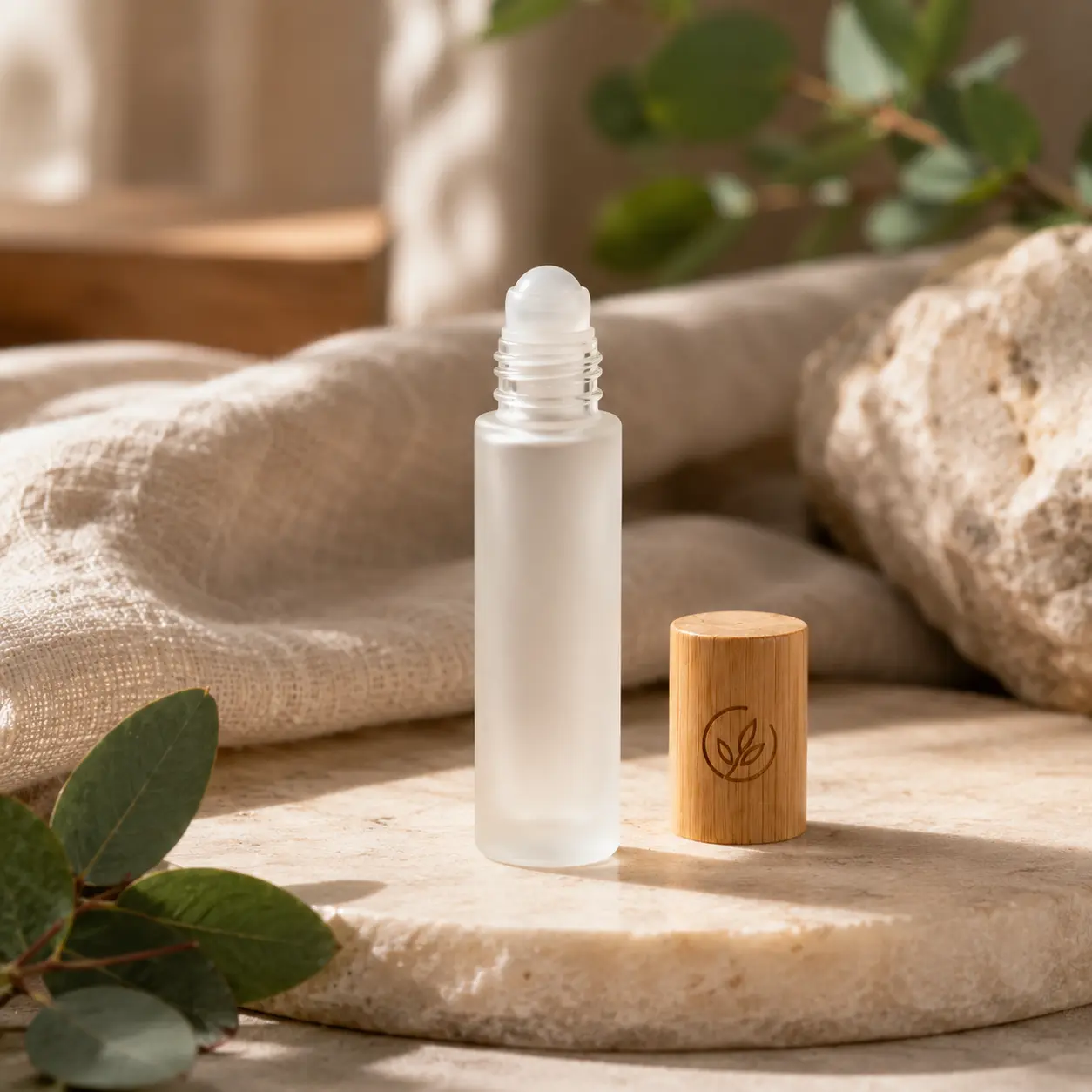 20ml Frosted Glass Roller Bottle Open Cap View 20ml frosted glass roll on perfume bottle shown with the wooden cap removed to reveal the roller ball applicator