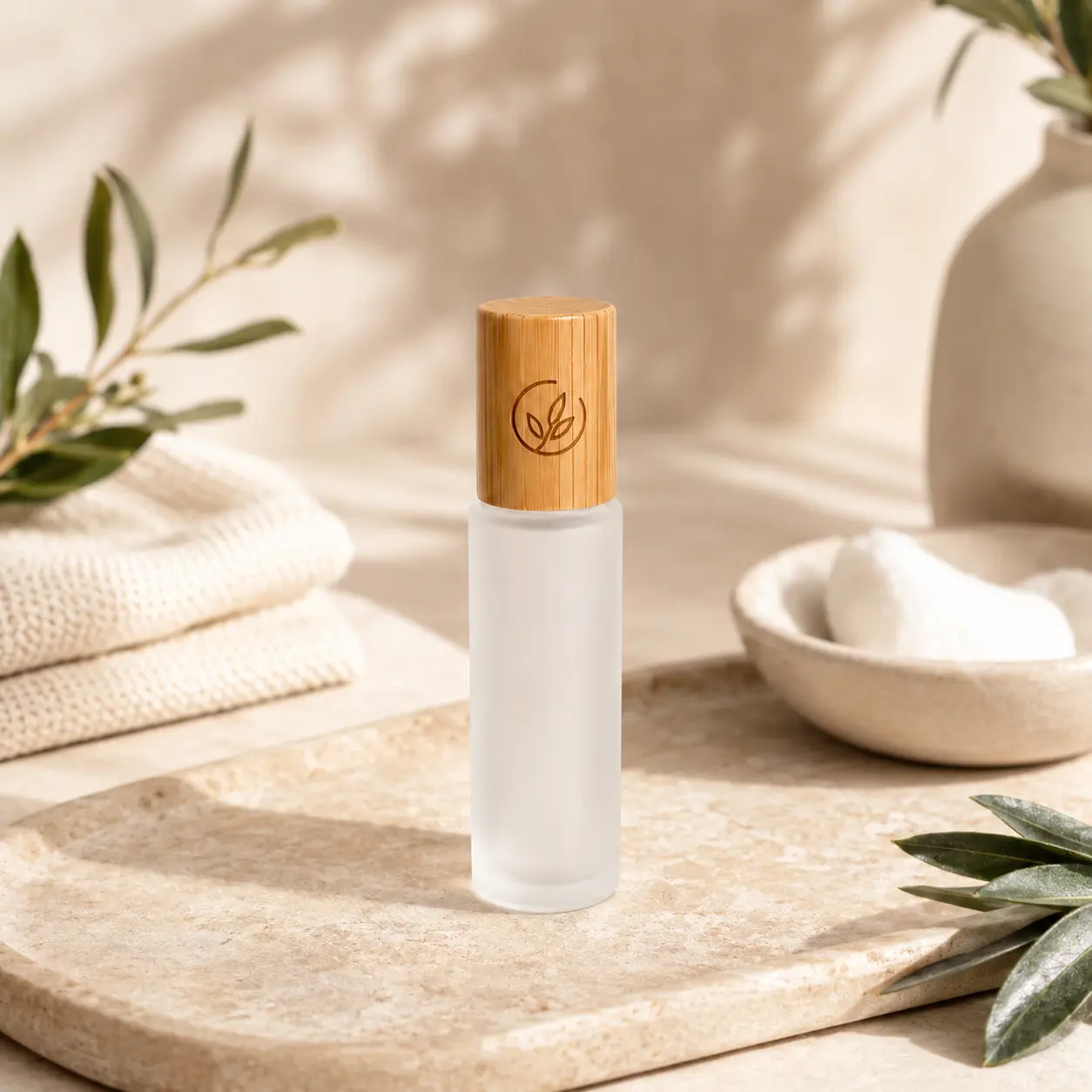 20ml Frosted Glass Roller Bottle Tray Scene 20ml frosted glass roll on perfume bottle with wooden cap displayed on a tray in a fragrance packaging scene