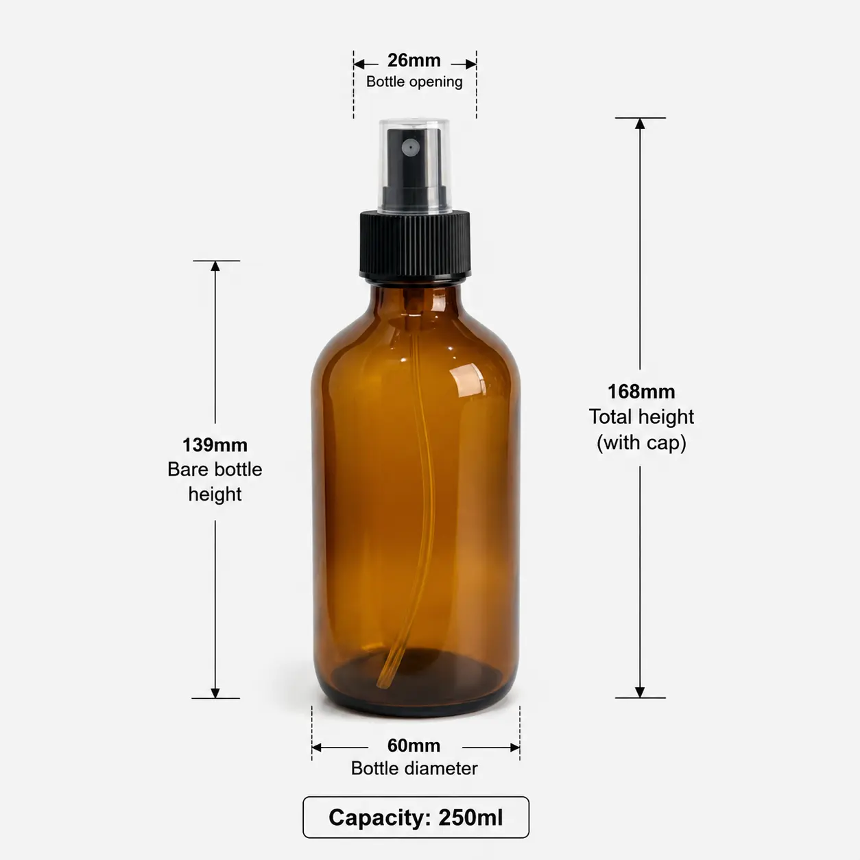 250ml amber Boston Round spray bottle dimensions and capacity reference with capped and uncapped bottle measurements
