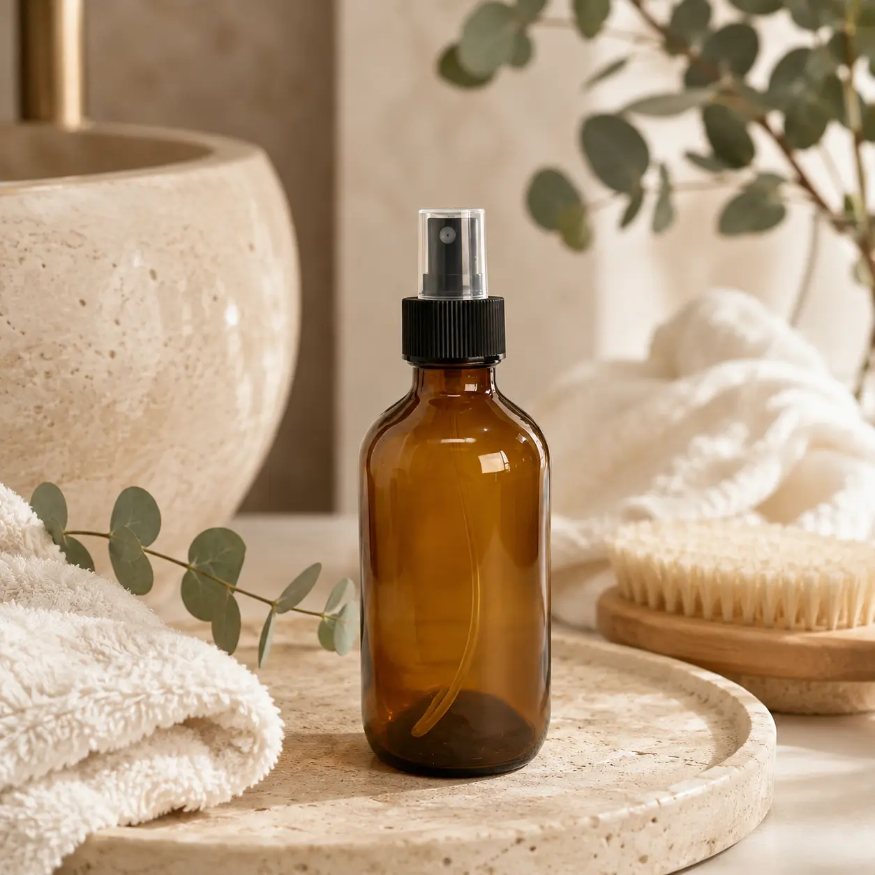 250ml amber Boston Round spray bottle displayed on a wooden tray in a styled product setting