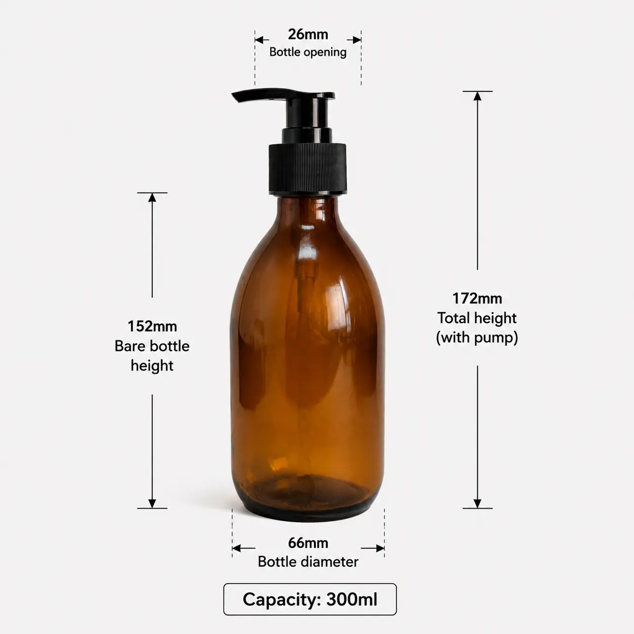 300ml Amber Boston Round Bottle Dimensions and Capacity 300ml Boston Round amber bottle dimensions showing 66 by 66 by 172 mm with cap and 152 mm height without cap
