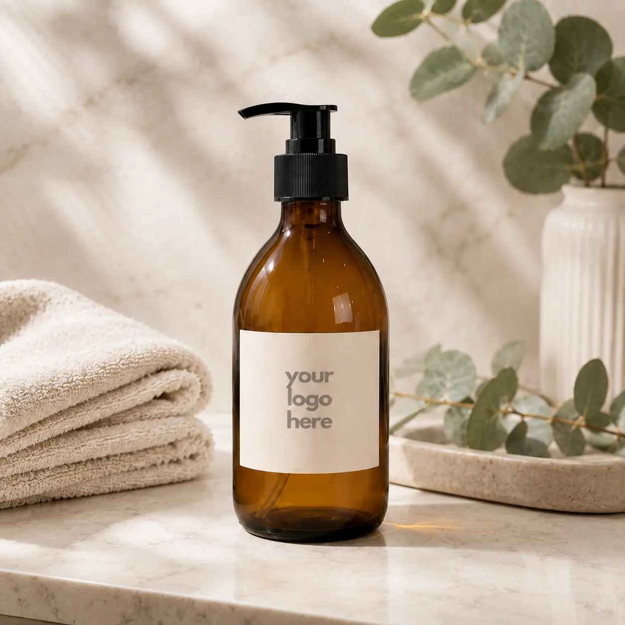 300ml Amber Boston Round Bottle Wooden Tray Scene 300ml Boston Round amber bottle displayed beside a wooden tray in a styled packaging scene