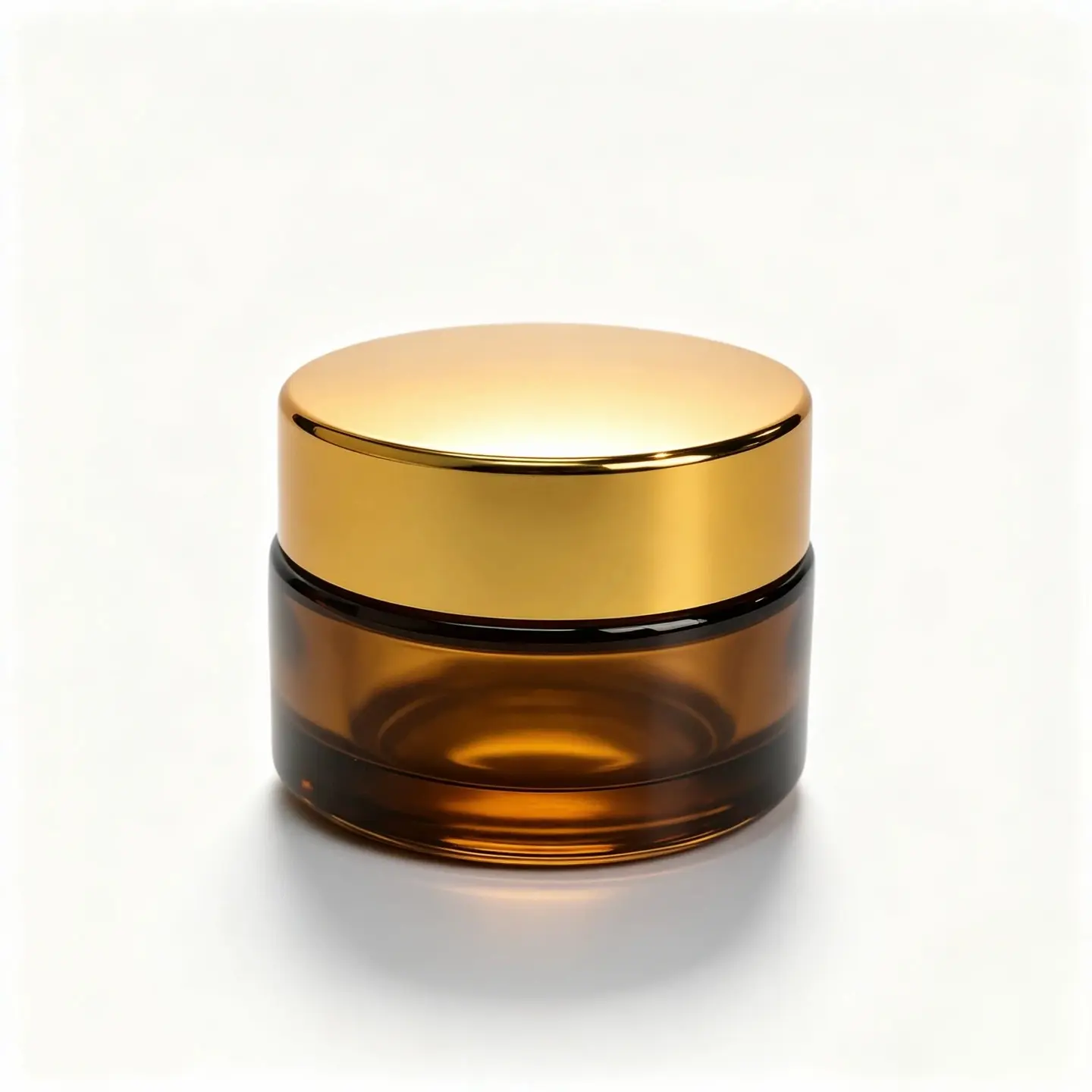 Front view of the complete 30g amber glass cosmetic cream jar with gold-colored lid