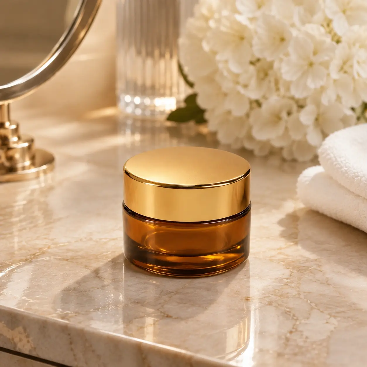 30g amber glass cosmetic cream jar with gold-colored lid displayed in a skincare packaging scene