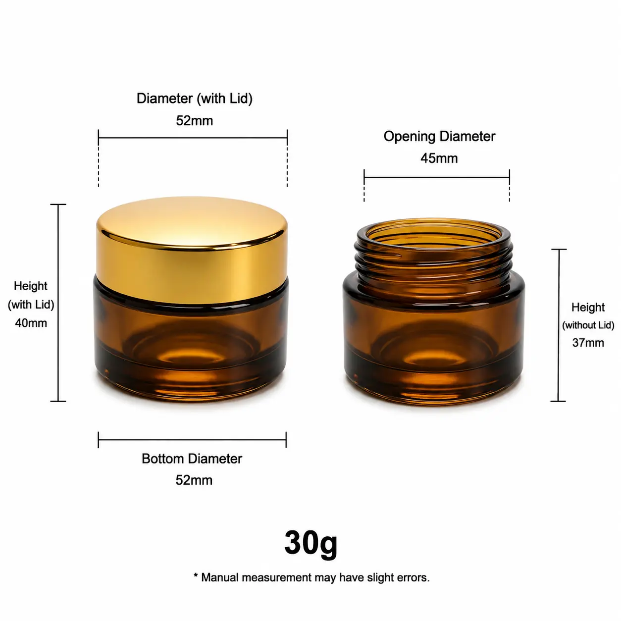 30g amber glass cream jar dimensions showing 45 mm opening diameter, 52 mm bottom diameter and 40 mm overall height