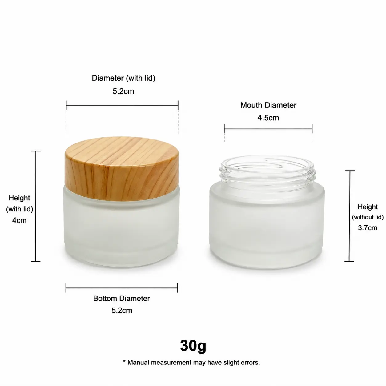 30g frosted glass cosmetic cream jar dimensions and capacity reference for packaging evaluation