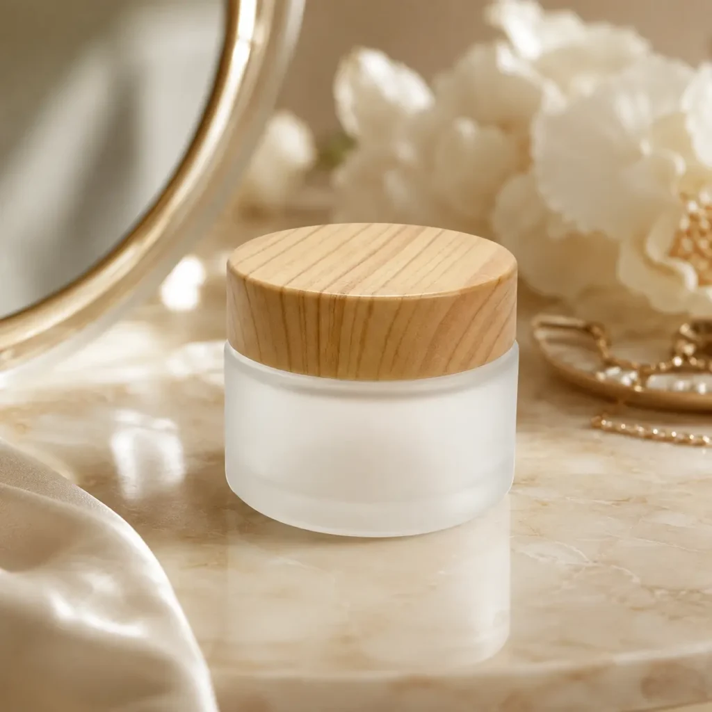 30g frosted glass cosmetic cream jar with cap displayed in a complete skincare packaging scene