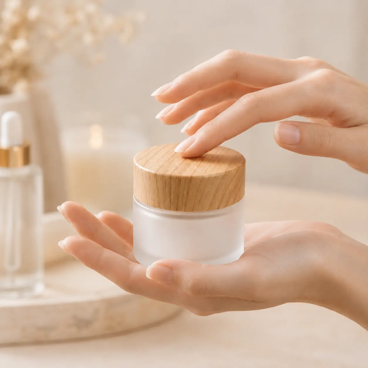 30g frosted glass cosmetic cream jar shown in a skincare application environment