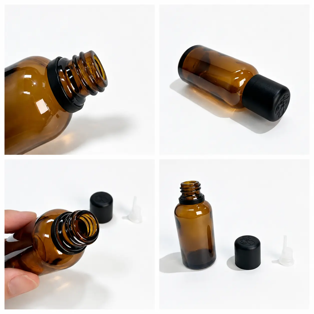 30ml amber Euro dropper essential oil bottle shown in a four-panel layout with multiple product detail views