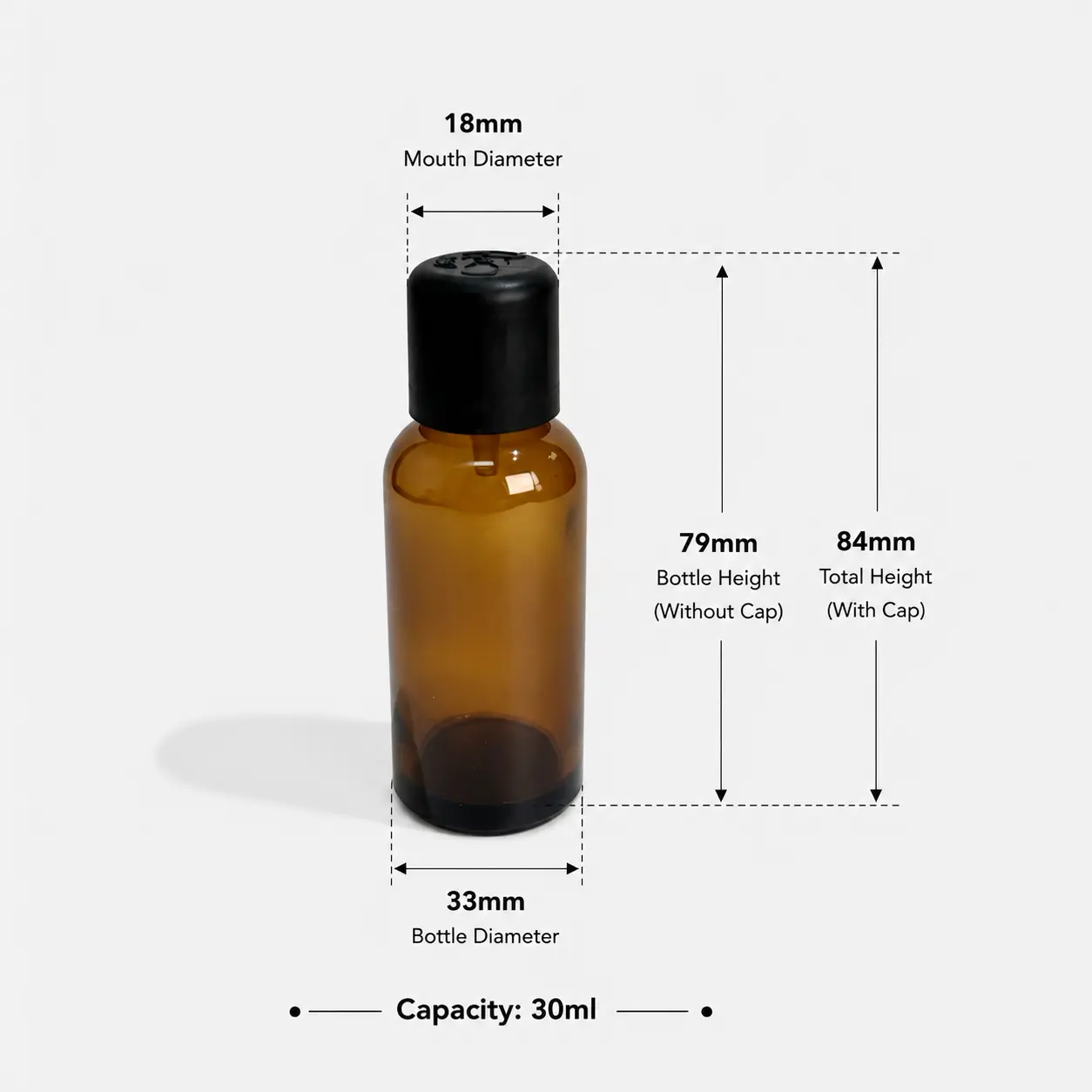 30ml amber Euro dropper bottle dimensions showing 33 mm width, 33 mm depth and 84 mm overall height