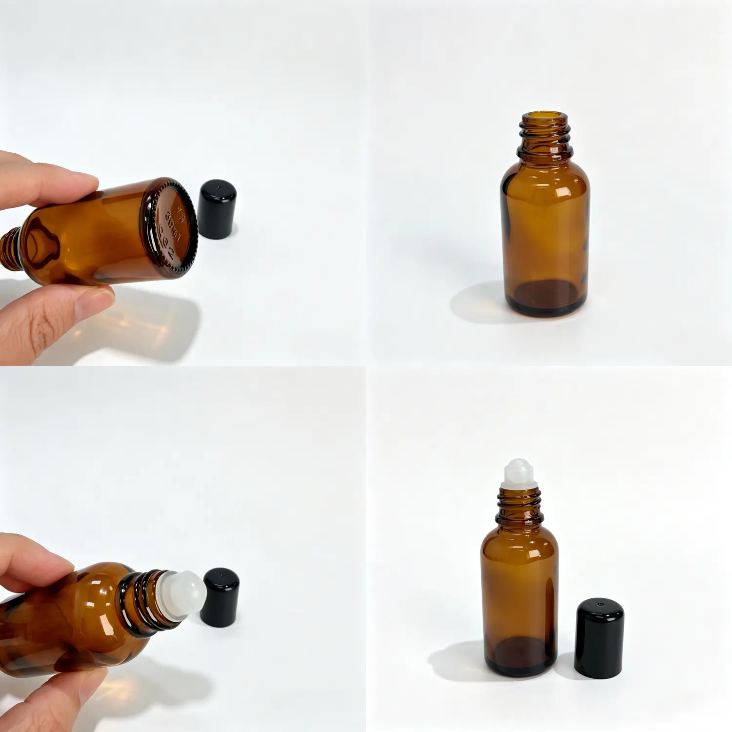 30ml Amber Glass Roll On Perfume Bottle Component Detail Views 30ml amber glass essential oil roller bottle detail views showing bottle roller applicator cap and component structure