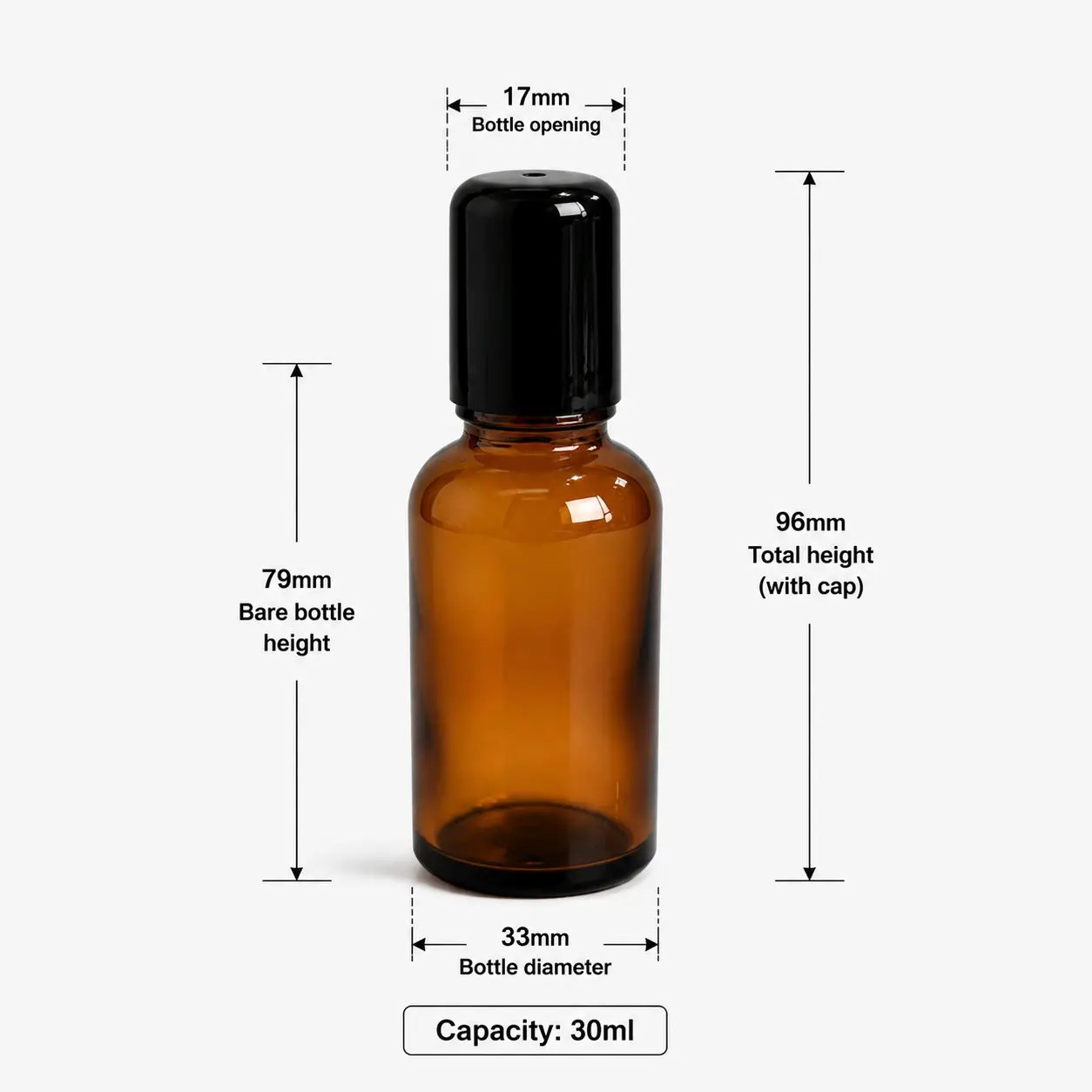 30ml Amber Glass Roll On Perfume Bottle Dimensions and Capacity 30ml amber glass roller bottle dimension diagram showing 33 mm width 96 mm capped height 79 mm bottle height and 30ml capacity