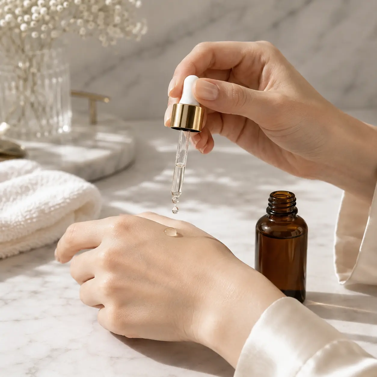 30ml Boston Round Oil Dropper Bottle Bathroom Usage Scene 30ml Boston round oil dropper bottle dispensing liquid onto a hand in a bathroom setting