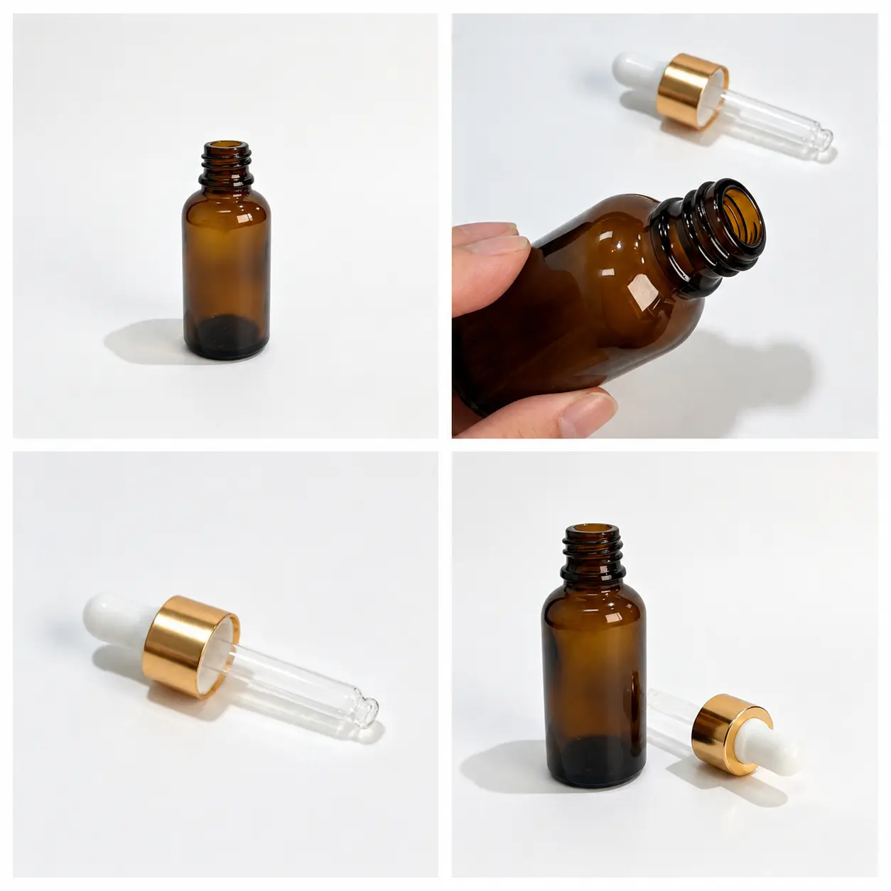 30ml Boston Round Oil Dropper Bottle Detail Reference Four-detail reference showing the 30ml amber Boston round oil dropper bottle, screw-neck area and packaging components