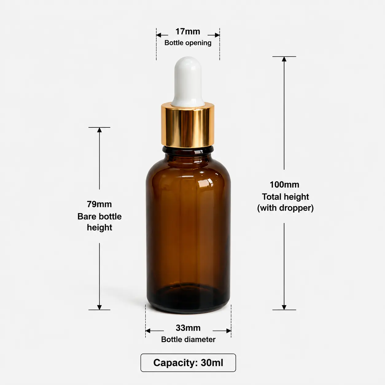 30ml Boston Round Oil Dropper Bottle Dimensions 30ml Boston round oil dropper bottle dimensions showing 33 × 33 × 104 mm overall size and 79 mm bottle height without cap