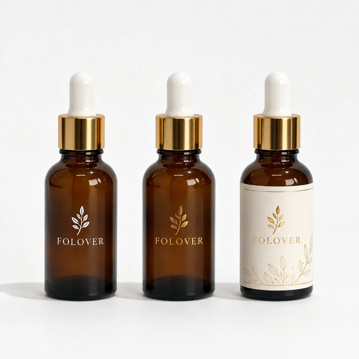 30ml Boston Round Oil Dropper Bottle Logo Customization Reference 30ml Boston round oil dropper bottles showing different logo and decoration customization effects